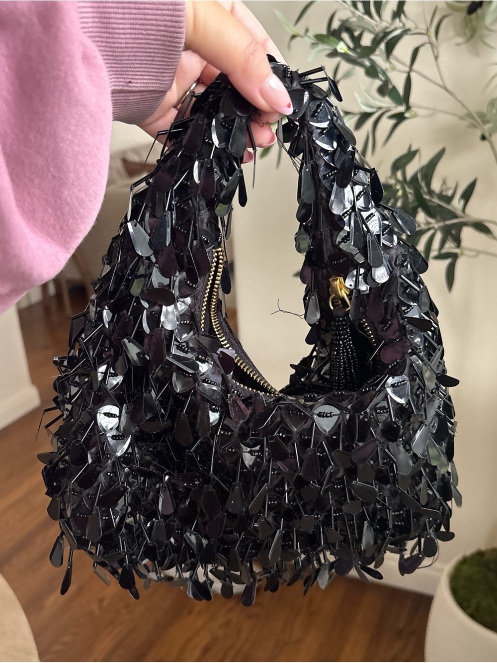 Black Beaded Sequin Hobo Bag - Elegant Evening Shoulder Bag - Picture 3 of 3